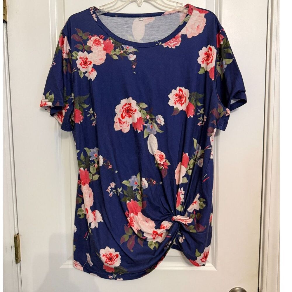Women’s Blue Floral Twist-Front Tunic Top – Size XXL
